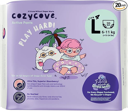 Cozycove Size 4 L (13-24 lbs) Pull Up Training Pants | Totally Chlorine Free, Fragrance Free, Wetness Indicator | Play Hard Slim Active Pants | 20 Count (1 Bag of 20)