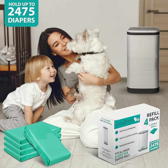 Refills Compatible with DEKOR classic Diaper Pails | 4+1 Pack | Exclusive 30% Extra Thickness | Diaper Pail Refills with Powerful Odor Elimination | Fresh Powder Scent | Holds up to 2500+ Diapers