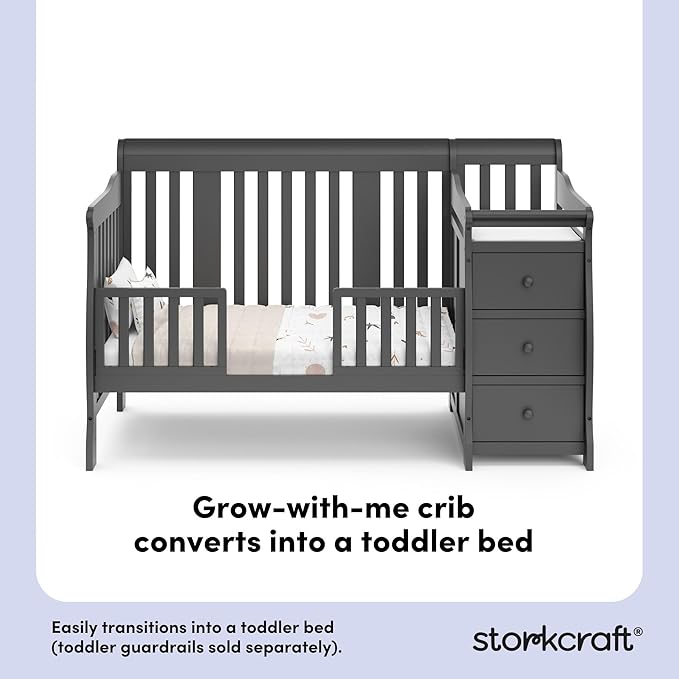 Storkcraft Portofino 5-in-1 Convertible Crib and Changer – Crib and Changing Table Combo with Drawer, Converts to Toddler Bed, Daybed and Full-Size Bed, Storage Drawer (Gray)