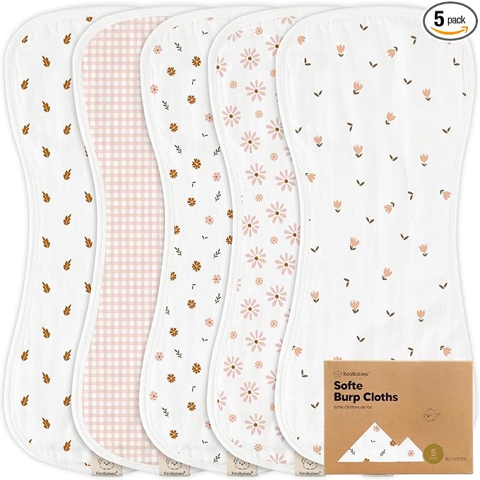 5-Pack Muslin Burp Cloths Baby Boy, Girl - Very Absorbent Baby Burp Cloth Rags, 8-Layers Viscose Derived from Bamboo Cotton Muslin Towel, Super Soft Spit Up Rags, No Shrink Washcloths (Petals)