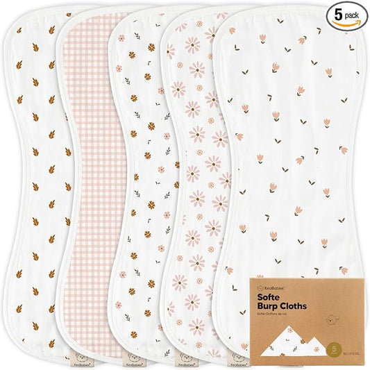 5-Pack Muslin Burp Cloths Baby Boy, Girl - Very Absorbent Baby Burp Cloth Rags, 8-Layers Viscose Derived from Bamboo Cotton Muslin Towel, Super Soft Spit Up Rags, No Shrink Washcloths (Petals)