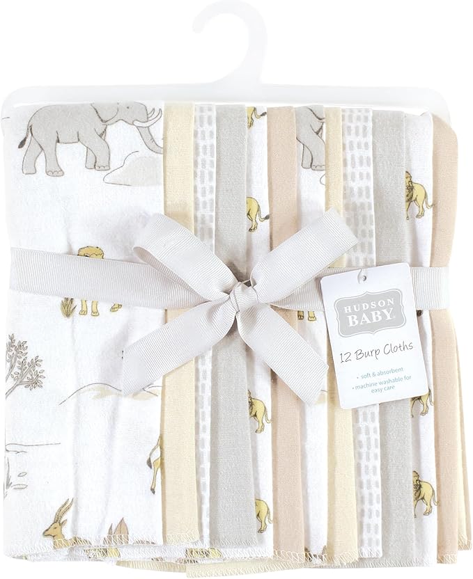 Hudson Baby Unisex Baby Cotton Flannel Burp Cloths Bundle, Neutral Safari World, One Size