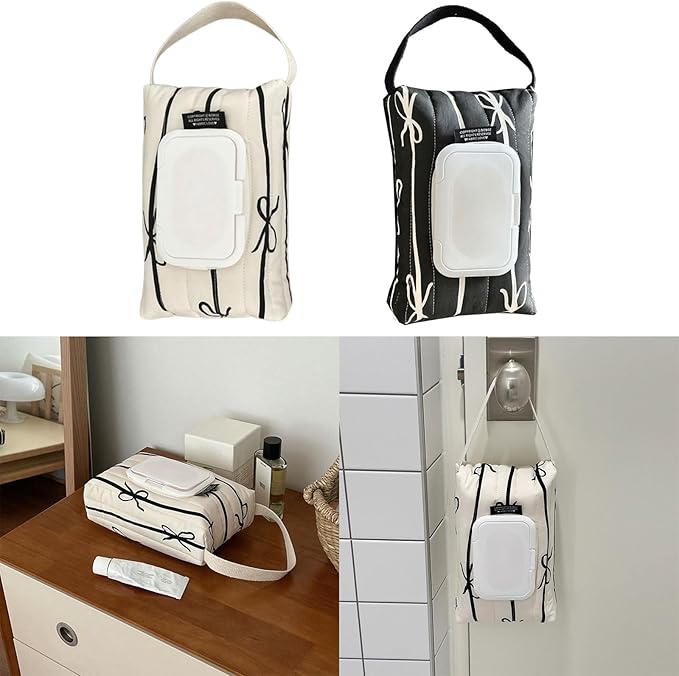 Travel Friendly Wet Wipe Storage Case Quilted Sturdy Cotton Storage Bag With Fashionable Stripe And Bowknot Detail