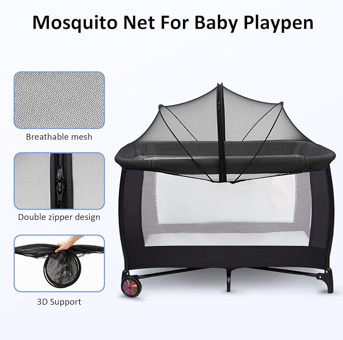 Mosquito Net for Pack n Play, Pack and Play Cover, Travel Crib Net to Keep Cats Out, Crib Tent with 2-Way Zipper for Playpen, Mini Crib, Black