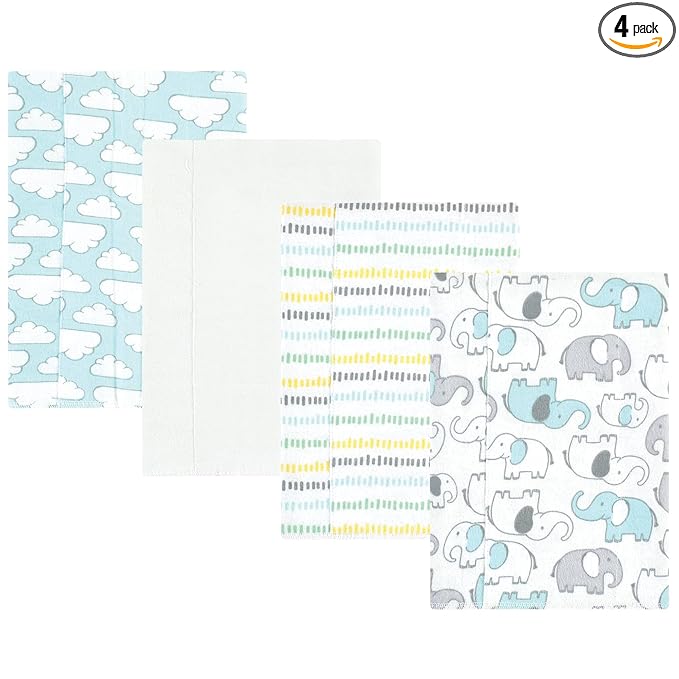Hudson Baby Unisex Baby Cotton Flannel Burp Cloths, Neutral New Elephant 4-Pack, One Size
