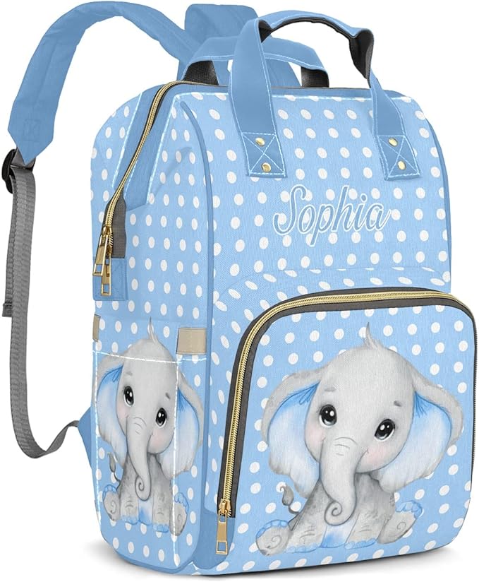 Elephant Polka Dot Blue Diaper Backpack with Name Custom Backpack Mommy Nappy Baby Bag Waterproof Casual Travel Daypack Tote Bag for Mom Dad