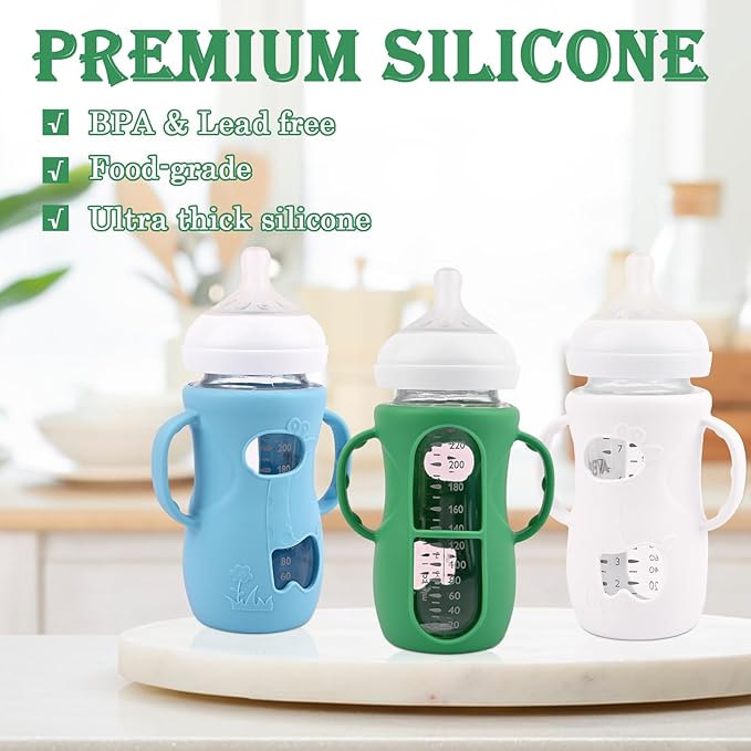 3 Pack Silicone Sleeves for Avent Natural Glass Baby Bottles, Anti Breakage Baby Bottle Sleeves with Handles, Compatible Philips Avent Glass Natural Baby Bottle 8 oz(White+Green+Blue)