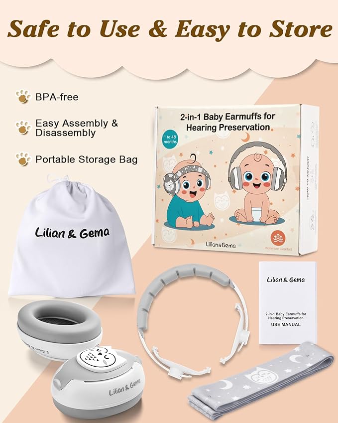 Lilian&Gema 2-in-1 Baby Ear Muffs Noise Protection up to 48 Months - Cute Owl Ear Protection for Infant & Toddler - Baby Airplane/Travel Essentials - Adjustable Noise Reduction Earmuffs, White
