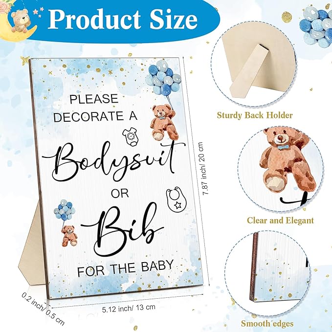 Roowest 35 Pcs Baby Shower Bibs Games Design Wooden Baby Shower Party Game Sign DIY Bodysuit Sign 15 White Blank Bibs 9 Bodysuit 10 Markers for Party Supplies(Bear)