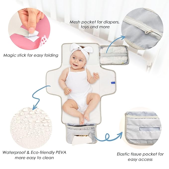 Portable Diaper Changing Pad Travel Baby Changing Mat Waterproof Diaper Changing Mat Foldable Lightweight Baby Changer with Built-in Pillow Lovely Daisies Lace Bows Pink