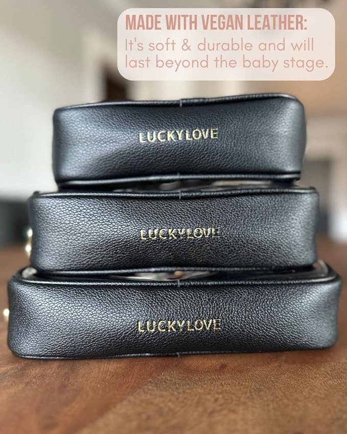 Lucky Love Diaper Bag Organizing Pouches | Set of 3 Including Diaper Clutch | Dry Wet Bag (Black Clear Trio Pouches w/Removable Tags)