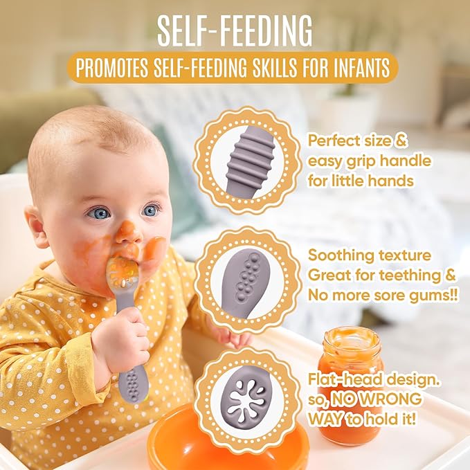 HippoBaby 4pc Silicone Baby Spoons Self Feeding Baby Utensils 6-12 Months - 3 Baby Spoon - 1 Baby Fork - Toddler Cutlery Set - BPA Free, Dishwasher Safe, Baby Eating Essentials (Light pink/Army Green)