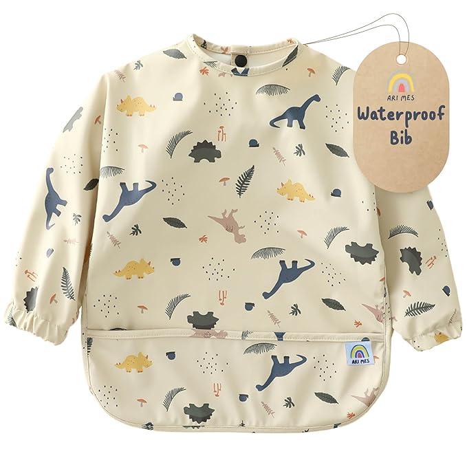 ARI MES Waterproof Long Sleeve Baby Bib for Eating-Dinosaur Pattern, Large-Toddler Smock with Catch-All Pocket, BPA Free, Machine Washable, Wearable Feeding Bib for Boys & Girls 6-72 Months