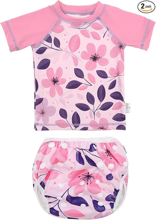 ALVABABY Baby Girl Swimsuit, 2-Piece Infant Toddler Bathing Short Sleeve Swimwear, Large Baby Reusable Swim Diaper with Matching Top