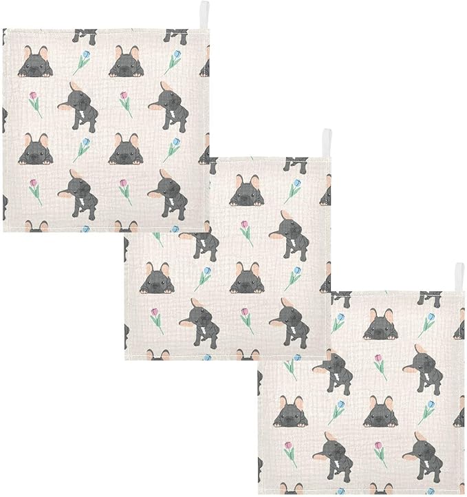 vvfelixl Baby Cotton Washcloths Black French Bulldog Infants Bath Towel for Unisex Face Towels for Newborn, Natural Baby Wipes Delicate Skin, 11.8 X 11.8 inch, one sizex5
