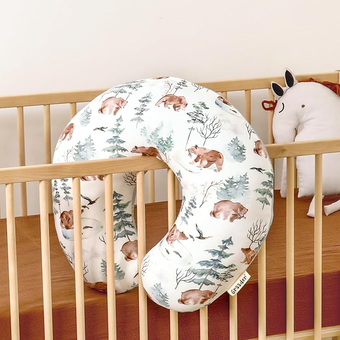 GRSSDER Nursing Pillow Cover, Stretchy Soft Minky Fabric Covers, Fit Most Nursing Support Pillows for Breastfeeding, Comfortable Safe Pillow Cover, Stylish Cute Bear Pattern