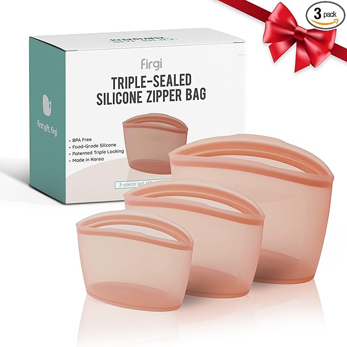 Reusable Silicone Food Storage Bags, 3-Pack Variety Set (2, 3.5, 6 Cups), Made in Korea BPA-Free Silicone, Triple-Airtight Freezer Bags, Microwave Safe, Sous Vide, Zip Lock Pouch, Dry Rose