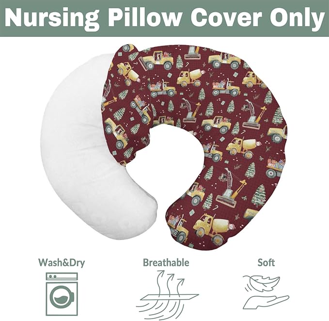 Red Christmas Construction Trucks Baby Nursing Pillow Covers for Boy Girl Dump Truck Excavator Animals Gifts Nursing Pillowcase for Breastfeeding Pillows Winter Holiday Soft Stretchy Slipcovers