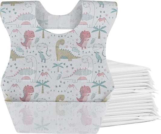 Baby Disposable Bibs Travel Feeding Bib 25pcs - Leakproof Liner, Food Catcher Pocket for 6-18 Months Babies Toddlers