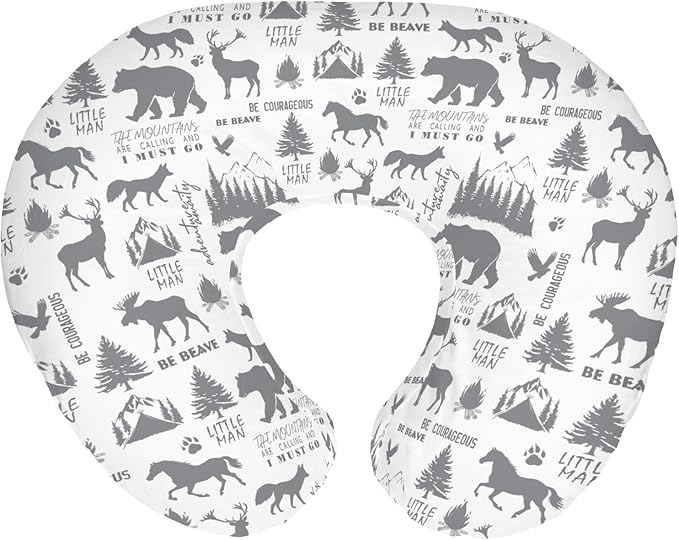 Gray Animals Nursing Pillow Covers for Boy Deer Bear Horse Trees Mountain Nursing Slipcovers for Breastfeeding Pillows Camping Adventure Soft Stretchy Removable Cover for Newborn Infant