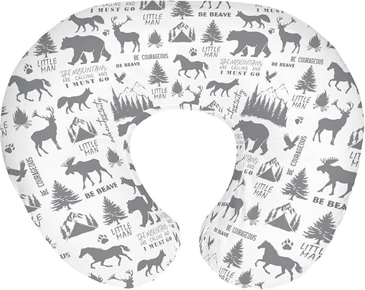 Gray Animals Nursing Pillow Covers for Boy Deer Bear Horse Trees Mountain Nursing Slipcovers for Breastfeeding Pillows Camping Adventure Soft Stretchy Removable Cover for Newborn Infant