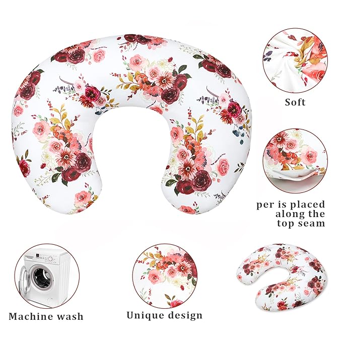 SWESEN Floral Nursing Pillow Cover for Baby Girl, Soft Organic Breastfeeding Pillow Slipcover, Burgundy Watercolor Flower