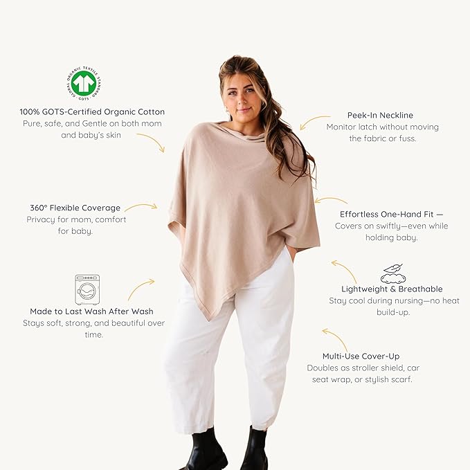 MakeMake Organics Knit Breathable Nursing Cover Up for Breastfeeding - Soft GOTS Certified Organic Cotton Breastfeeding Cover Up for Women - Privacy Feature, Sand
