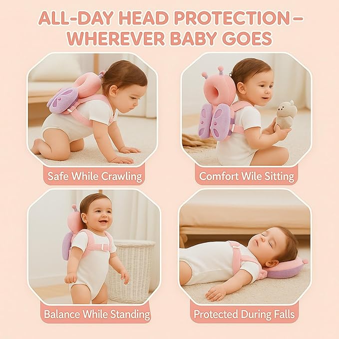 NAZO Baby Head Protector Backpack – Soft Infant Safety Pillow for Fall Protection – Cushions Toddler’s Head While Crawling and Walking – Baby Fall Back Support (Pink Butterfly)