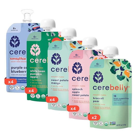 Cerebelly Organic Baby Food Pouches, Fan Favorite Variety Pack, No Added Sugar & Non-GMO, 4 oz, 18 Pack