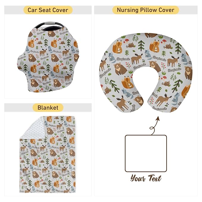 Baby Nursing Pillow Cover - Personalized Name Breastfeeding Pillow Cover with Fox Pattern, Stretchy Removable U-Shaped for New Moms, Soft Breathable Slipcover for Infant Boys Girls