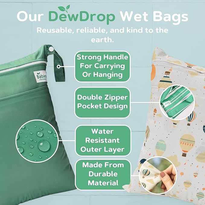 2-Pack Wet Bags – Waterproof Travel Bags for Cloth Diapers, Baby Essentials & Swimwear – Reusable Wet Dry Bag with Double Zipper & Handle for Diaper Bag & Beach Trips (Olive Skies)