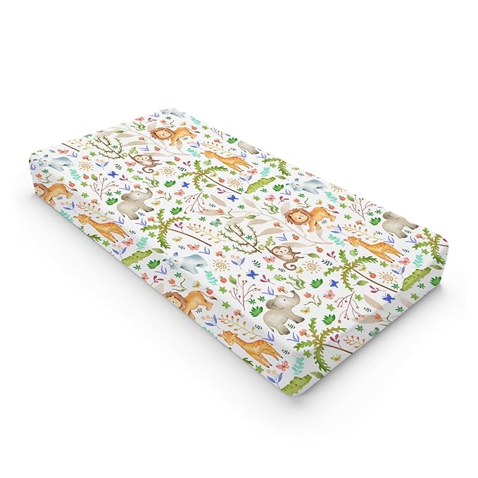 Safari Jungle Animals Trees Changing Pad Covers Lions Elephant Giraffe Monkey Hippo Sun Leaves Baby Diaper Change Table Sheets for Boy Girl Soft Breathable Stretch Fitted Changing Table Mats 32''x16''