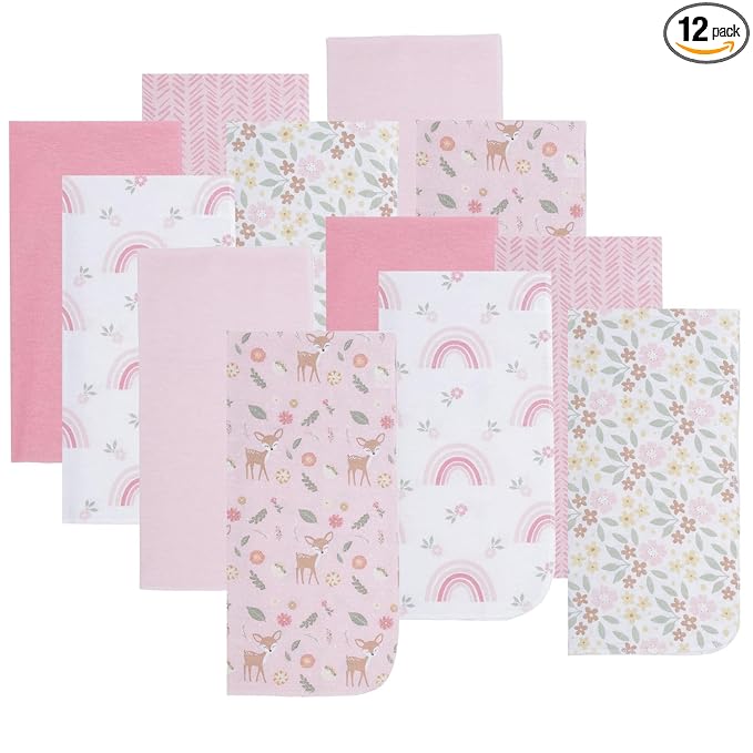 EVERYDAY KIDS 12 Pack Burp Cloths for Baby Girl; Newborn Essential with - Large Absorbent Cotton Flannel Pink Burping Cloths for Babies with Woodlands, Floral and Rainbow Prints and Solids