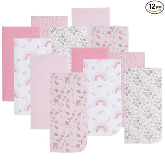 EVERYDAY KIDS 12 Pack Burp Cloths for Baby Girl; Newborn Essential with - Large Absorbent Cotton Flannel Pink Burping Cloths for Babies with Woodlands, Floral and Rainbow Prints and Solids