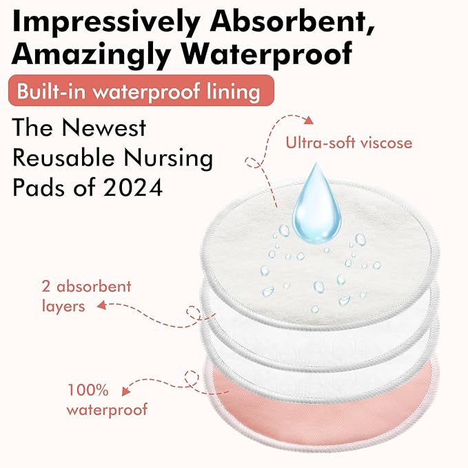 Reusable Breast Pads, Organic Nursing Pads, 4-layer Washable Nursing Pads, Invisible, Fast Absorption, 6 Pack + Wash Bag