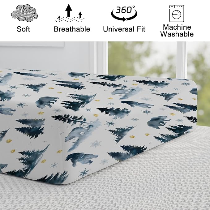 Bear Snow Forest Changing Pad Cover Watercolor Bear Paws Trees Change Table Pad Cover for Baby Boys Girls Soft Breathable Stretchy Snug Fitted Diaper Changing Mat Sheets 32''x16''