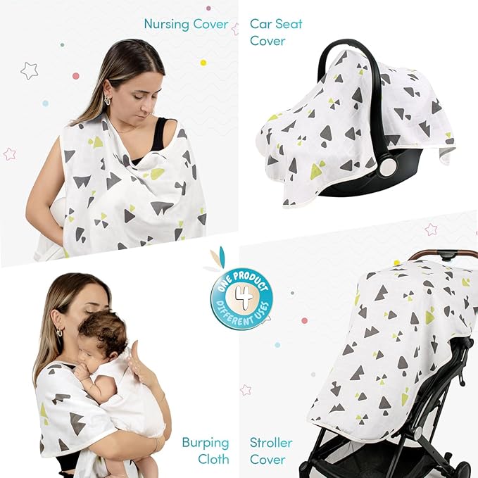 Sevi Bebe Multipurpose Muslin Cover 100% Cotton- Breathable Baby Essential, Breastfeeding, Nursing, Car Seat, Stroller Cover, Tummy Time Mat & Burp Cloth All in One (Triangle Pattern) (Pack of 1)