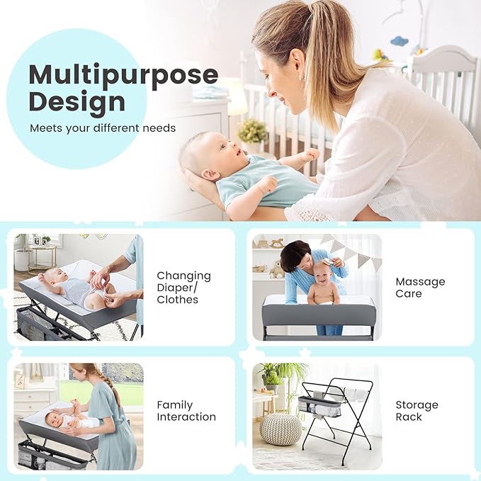 HONEY JOY Changing Table, Folding Nursery Organizer with Open Shelf & Safety Belt, Portable Diaper Changing Station for Newborn (Gray, Basic)