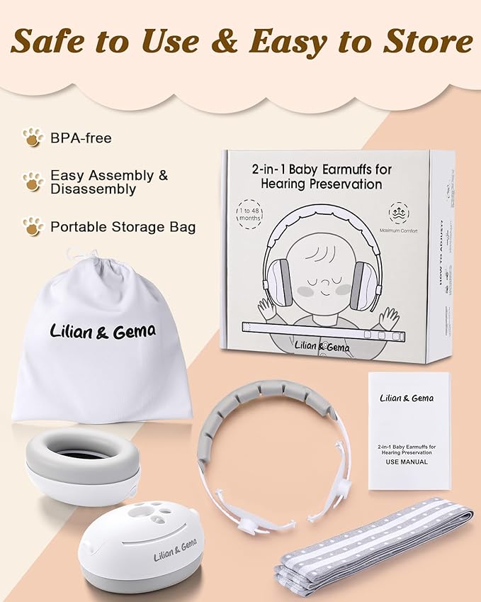 Lilian&Gema 2-in-1 Baby Ear Muffs Noise Protection up to 48 Months - Baby Airplane/Travel Essentials - Adjustable Noise Reduction Earmuffs - Ear Protection Headphones for Infant & Toddler, White