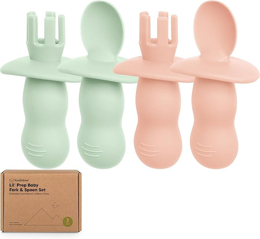 KeaBabies 4-Pack Silicone Baby Spoons and Forks Set - Baby Led Weaning Utensils 6-12 Months, Self Feeding Toddler Spoon & Fork for Training, Teething, Easy to Hold, BPA-Free Silicone(Mellow)