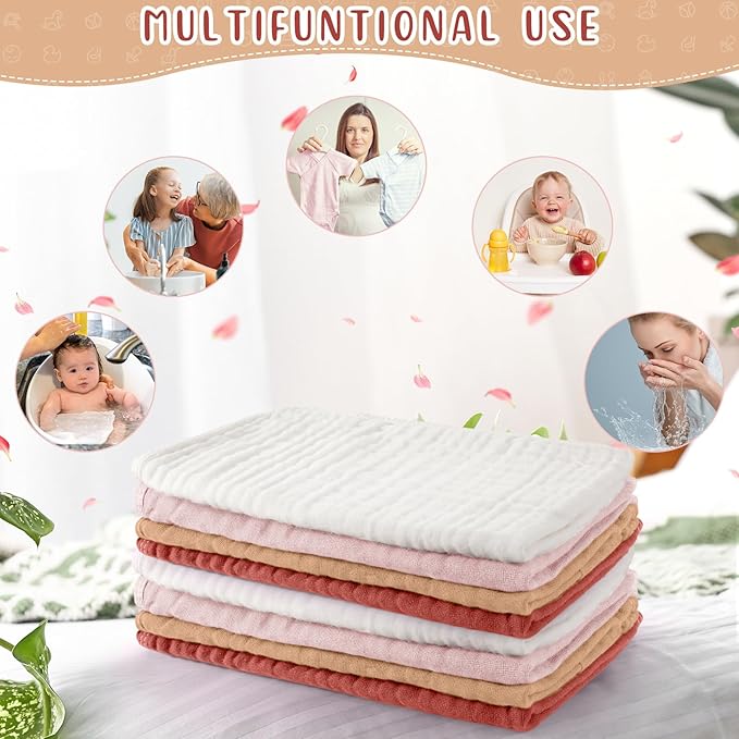 Buryeah Muslin 20 Pcs Burp Cloths Large 20" x 10" 100% Cotton 6 Layers Ultra Absorbent and Soft Hand Washcloths for Baby Drool and Messes Gentle Burp Cloth for Boys & Girls(Vivid Color)