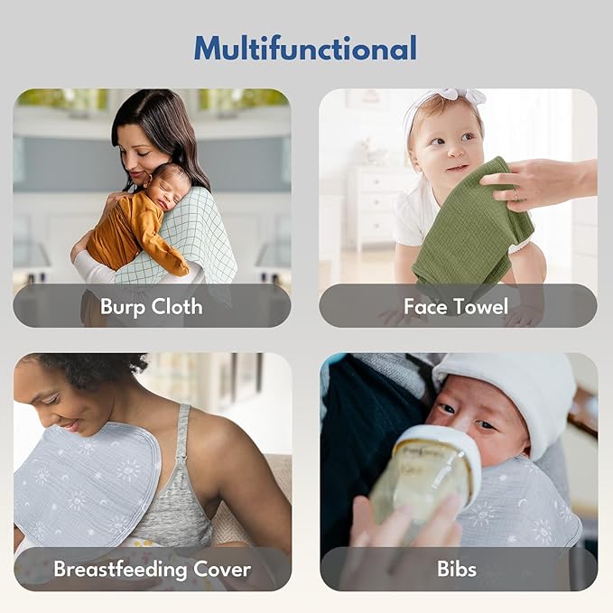 Muslin Burp Cloths with Snaps,Multi-Use Burpy Bib 100% Cotton for Spit Up & Drool,Large 22"X11" Extra Absorbent Burping Cloth for Newborn Boys Girls Essentials,Green
