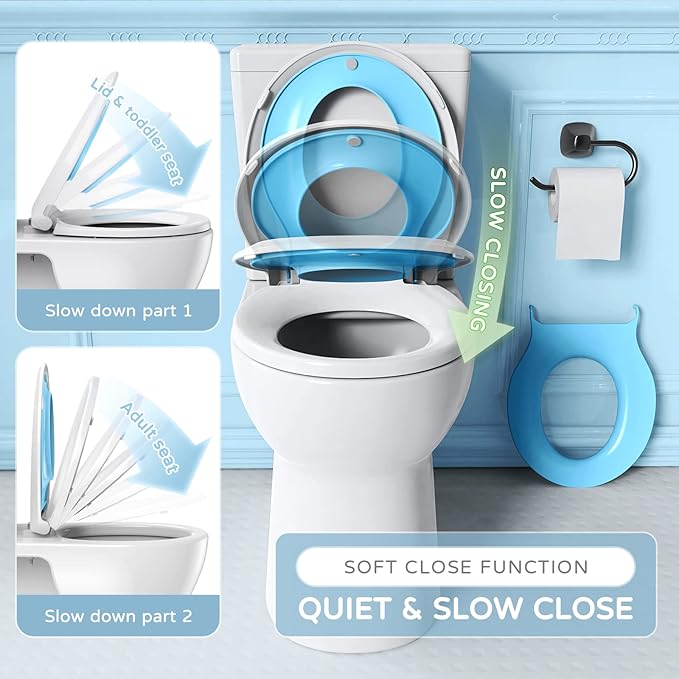 YASFEL Built in Potty Training Toilet Seat for Toddlers, Kids & Adults Biscuit Plastic Toilet Seats Round Slow Close with Magnets(Blue, 16.5”)