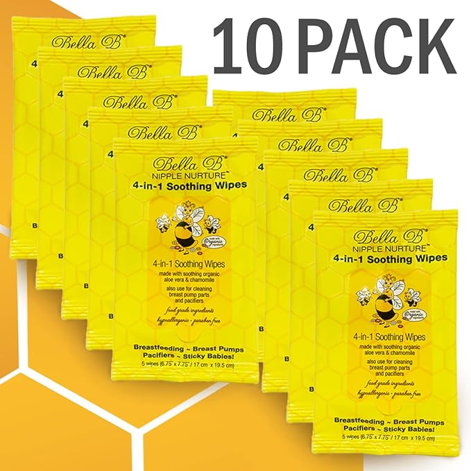 BELLA B Nipple Nurture 4-in-1 Soothing Wipes Bundle 5 Count 10 Pack - Breastmilk Wipes - Breast Pump Cleaning Wipes - Pacifier Wipes - Baby Wipes - Nursing Wipes
