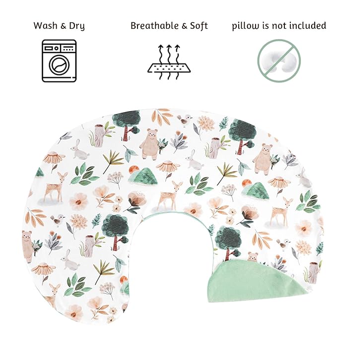 Nursing Pillow Cover 1 Pack, Removable Nursing Pillow Cover for Breastfeeding Pillows, Super Soft Comfortable Slipcover for Boy and Girls, Green Animals