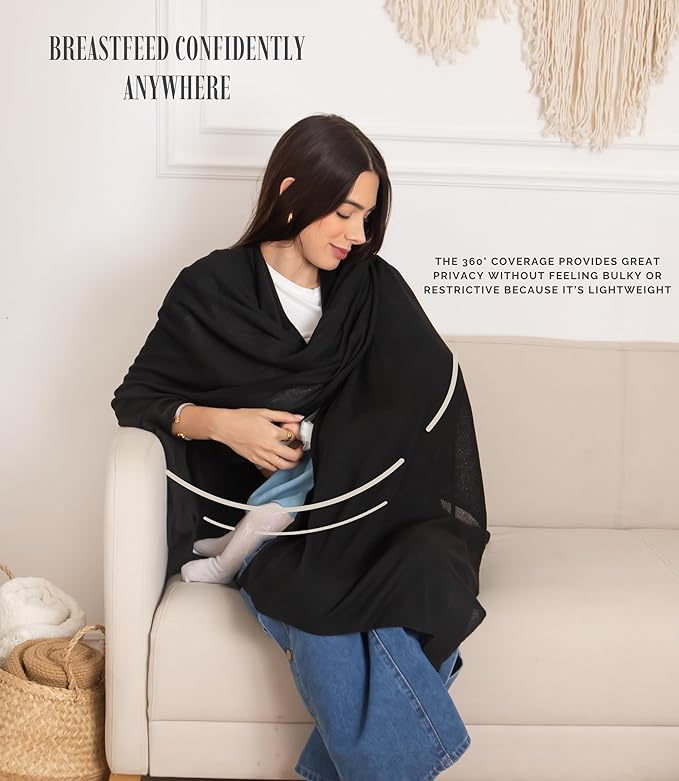 Set Premium Breast Feeding Covers for Women of All Body Types: Ultra Soft Stylish and Breathable Nursing Cover up for Breastfeeding + 4 Reusable Breast Pads for Nursing Comfort (Deep Onyx)