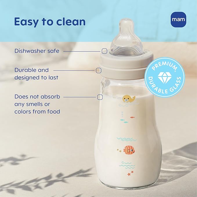 MAM 9oz Premium Glass Wide Neck Baby Bottle with Medium Flow Breastfeeding-Like Silicone Nipple, Easy to Clean, BPA Free, 2+ Months, Easy Switch Between Breast and Bottle, Made in Europe, 3 Pk, Pink