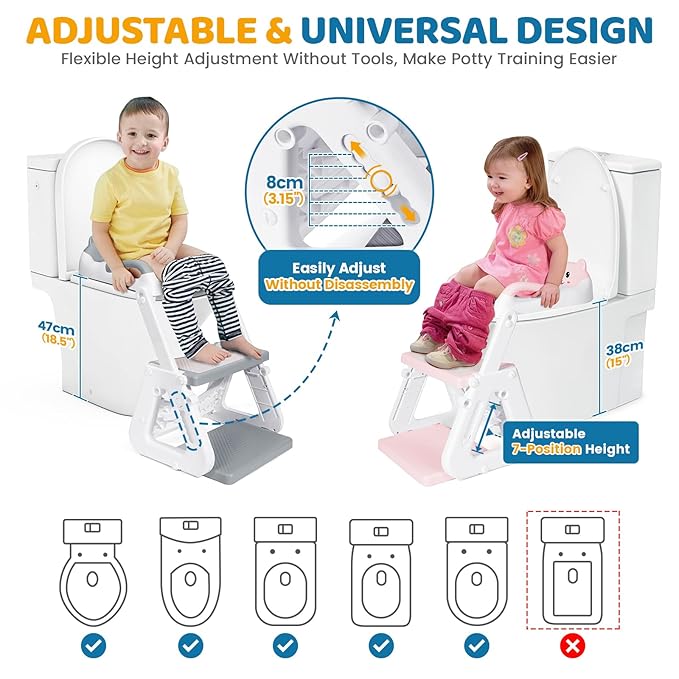 Orzbow Potty Training Seat | Upgrade Toddler Potty Training Toilet with Step Stool, 2-in-1 Stability Toilet Seat for Boys Girls | with Splash Guard, Anti-Slip Pad, Ladder, and Height Adjustable, Grey