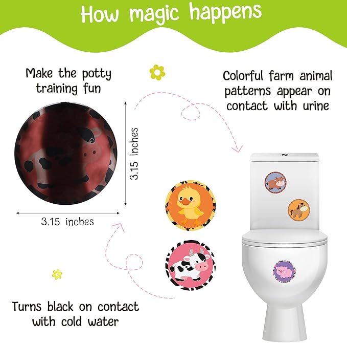 Funrous 20 Pcs Farm Animal Potty Training Stickers Dinosaur Truck Toddler Pee Training Toilet Color Changing Sticker Targets for Boys Girls Kids Toilet Reusable Pee Aim Target(Farm Animal)