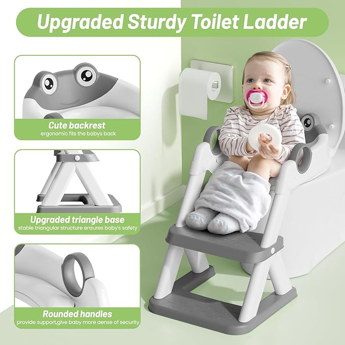 Potty Training Seat, Upgrade Toddler Toilet Seat for Kids Boys Girls, 2 in 1 Potty Training Toilet, Splash Guard Anti-Slip Pad Step Stool(Grey-Frog)